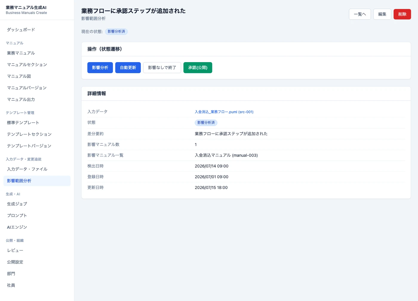 影響範囲分析の詳細画面（差分・影響マニュアル）