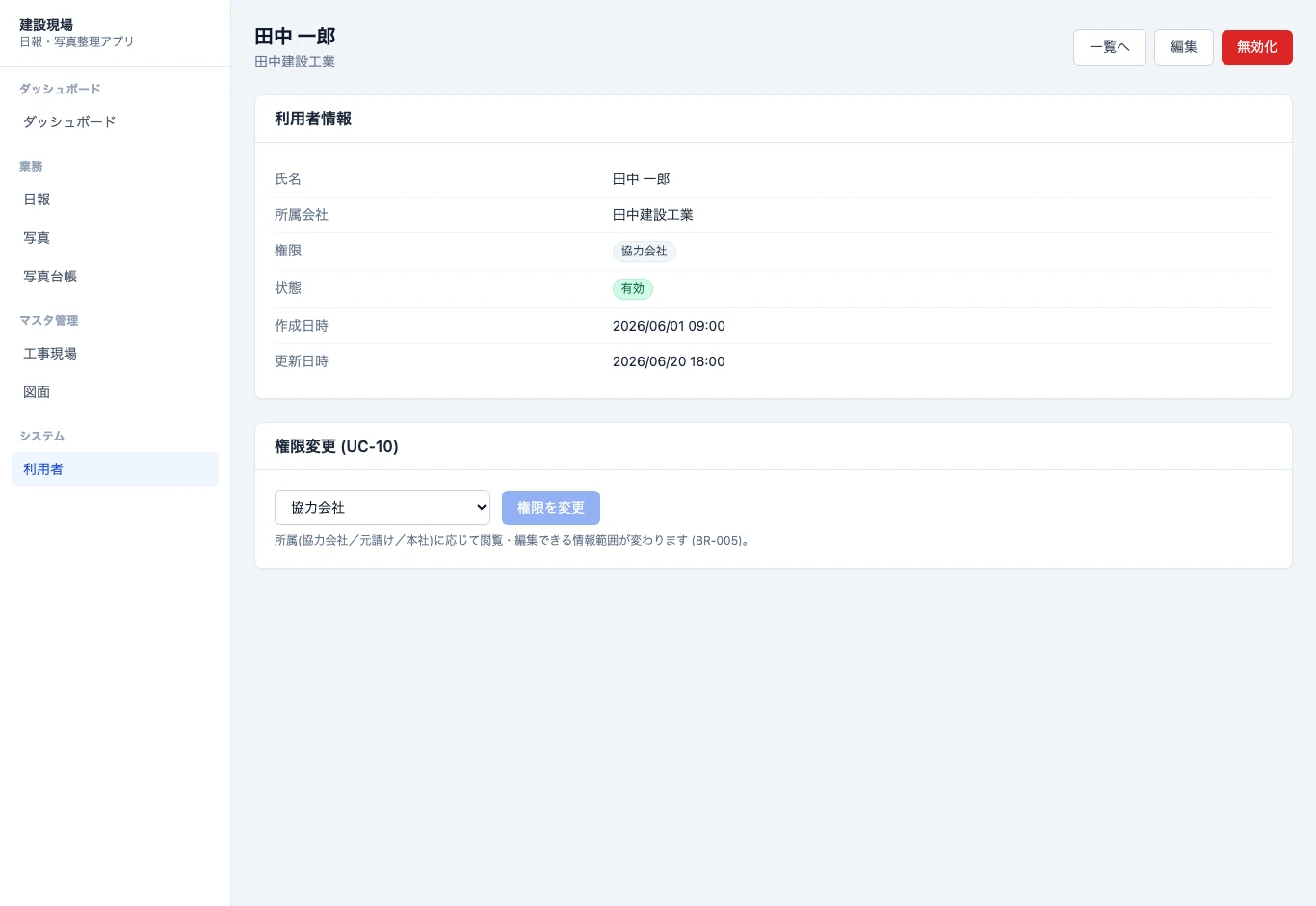 利用者詳細画面（権限変更）