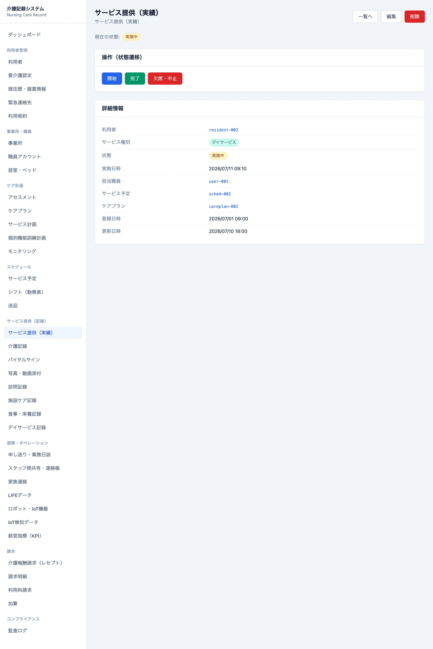 サービス提供（実績）詳細画面（状態遷移）